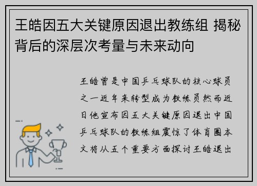 王皓因五大关键原因退出教练组 揭秘背后的深层次考量与未来动向