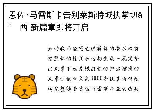 恩佐·马雷斯卡告别莱斯特城执掌切尔西 新篇章即将开启